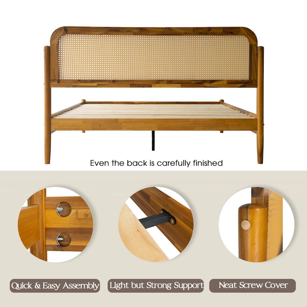 JMQ-38 Queen Wooden Platform Bed Frame, Acacia Honey Finish, Traditional Style. Picture 4