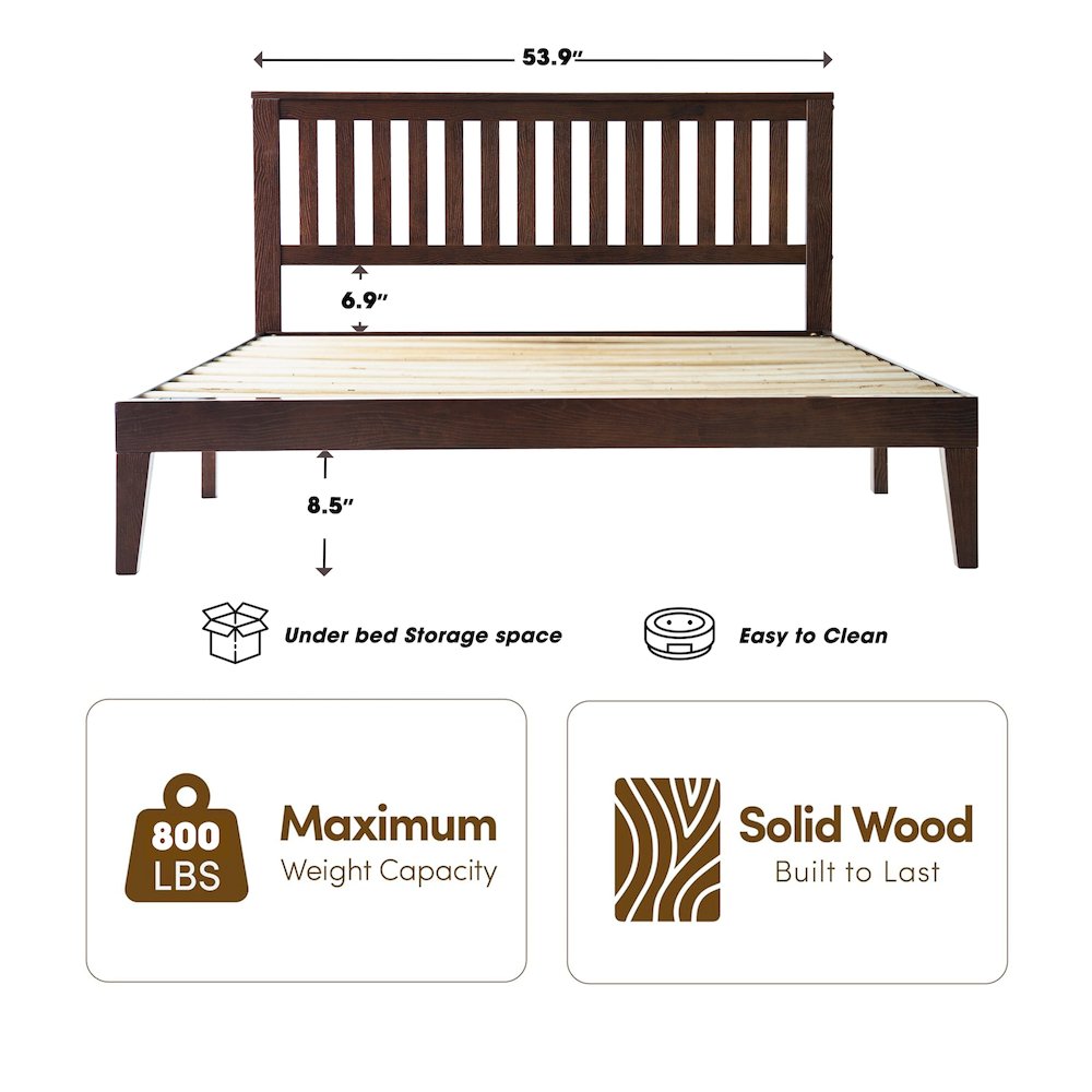 Full Wooden Platform Bed Frame, Dark Roast Oak Finish, Morden Style. Picture 1