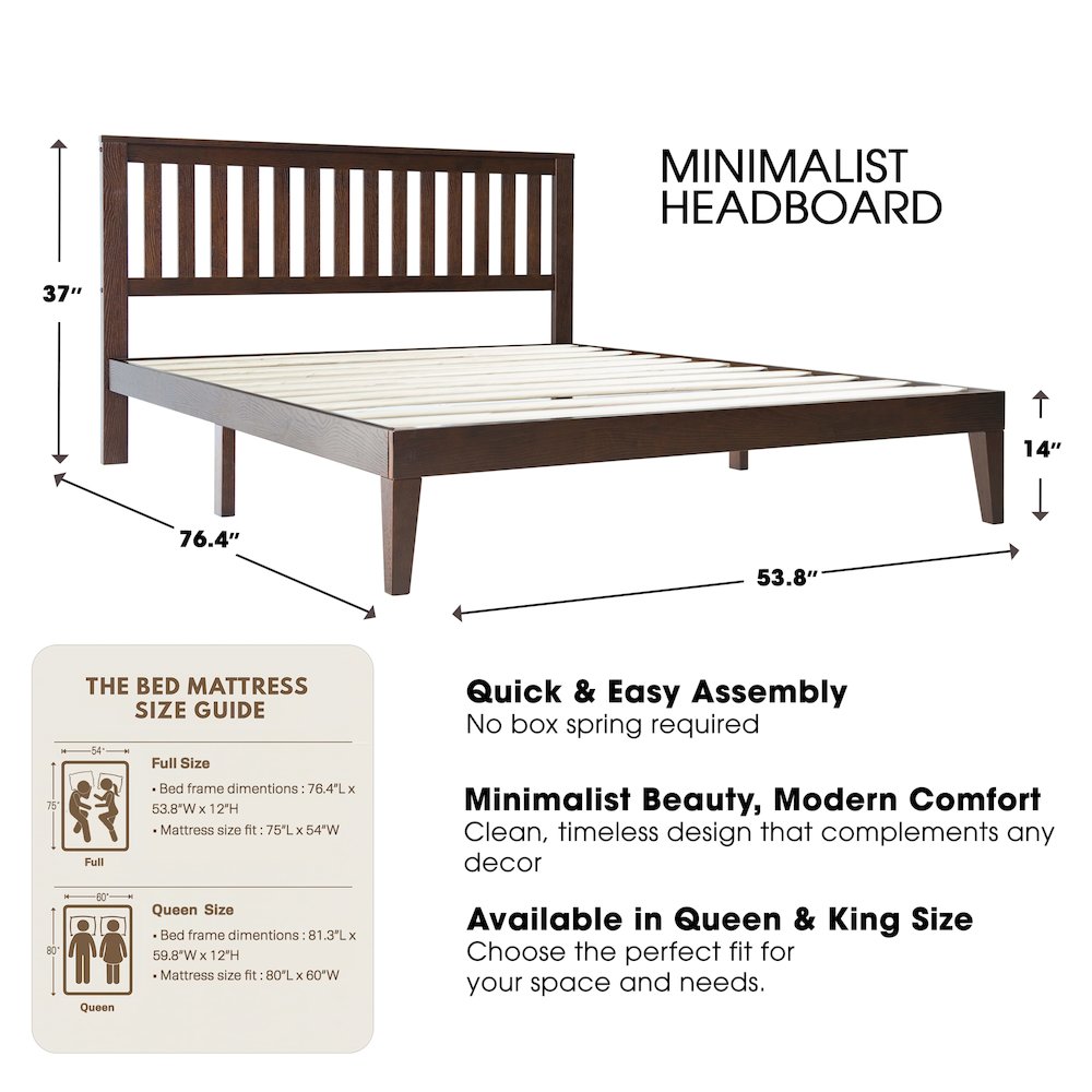 Full Wooden Platform Bed Frame, Dark Roast Oak Finish, Morden Style. Picture 2