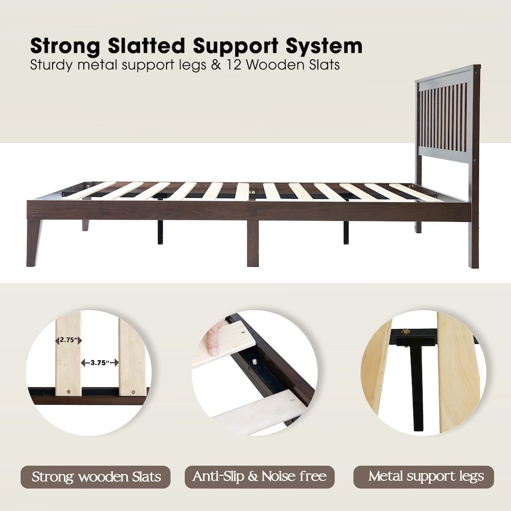 Full Wooden Platform Bed Frame, Dark Roast Oak Finish, Morden Style. Picture 3