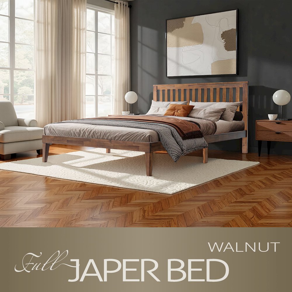 Full Wooden Platform Bed Frame, Walnut Finish, Morden Style. Picture 6