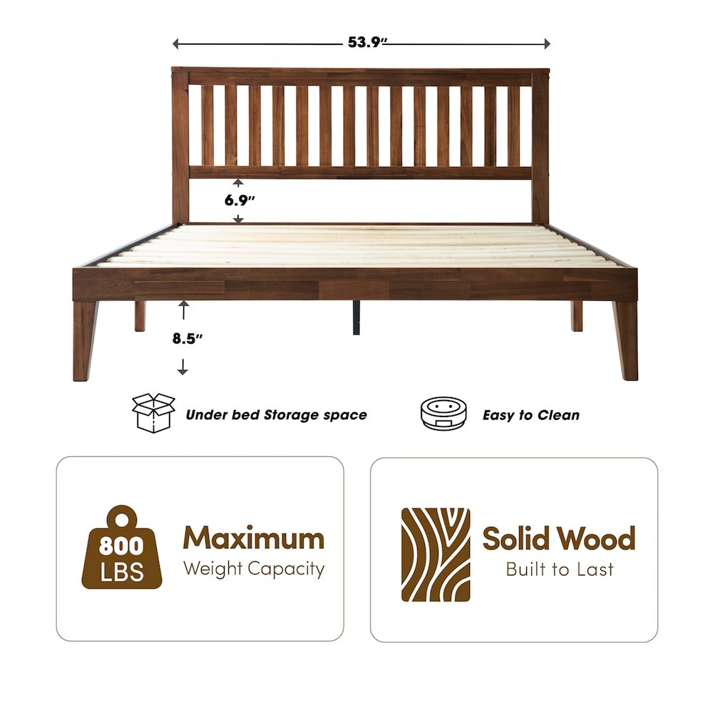 Full Wooden Platform Bed Frame, Walnut Finish, Morden Style. Picture 1