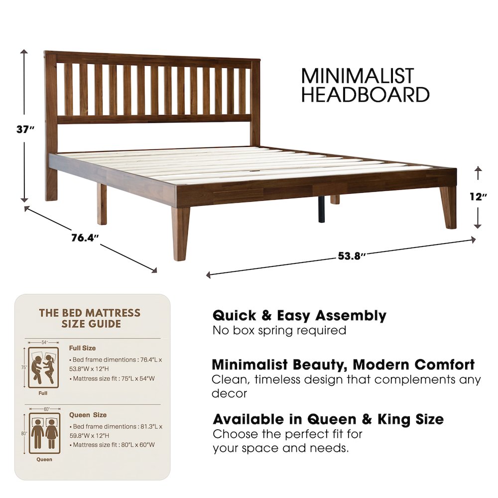 Full Wooden Platform Bed Frame, Walnut Finish, Morden Style. Picture 2