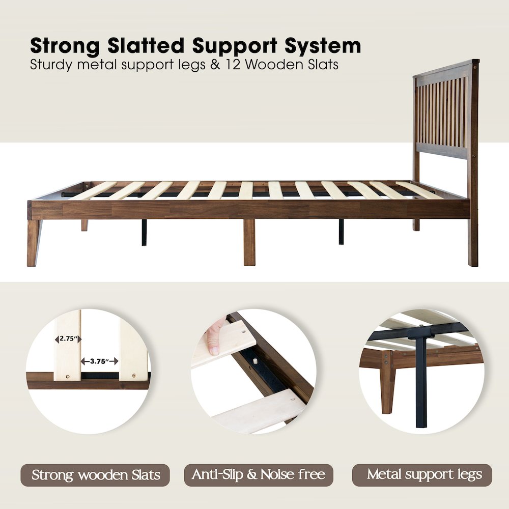 Full Wooden Platform Bed Frame, Walnut Finish, Morden Style. Picture 3