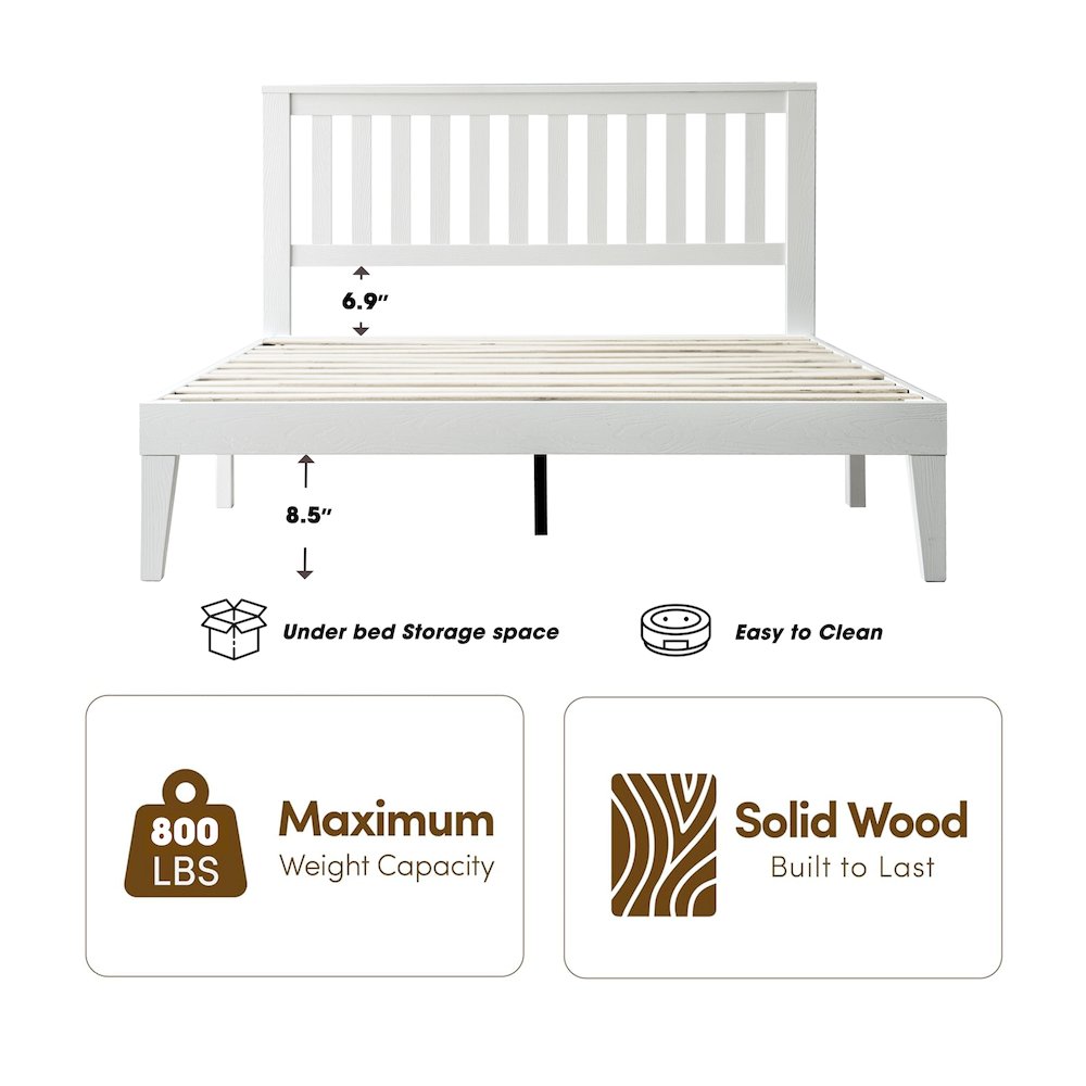 Full Wooden Platform Bed Frame, Pure White Finish, Morden Style. Picture 1
