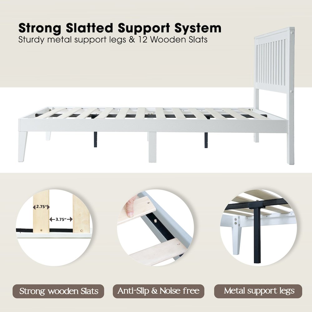 Full Wooden Platform Bed Frame, Pure White Finish, Morden Style. Picture 3