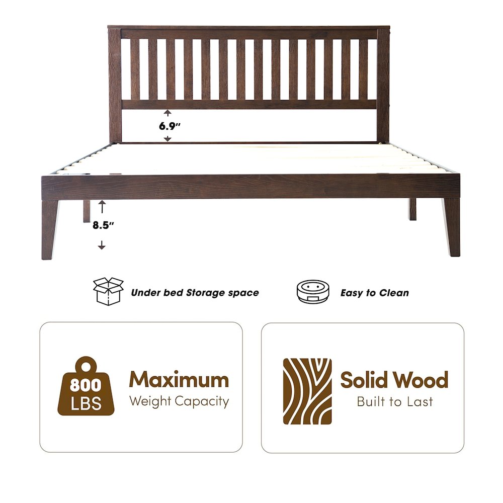 Queen Wooden Platform Bed Frame, Dark Roast Oak Finish, Morden Style. Picture 1