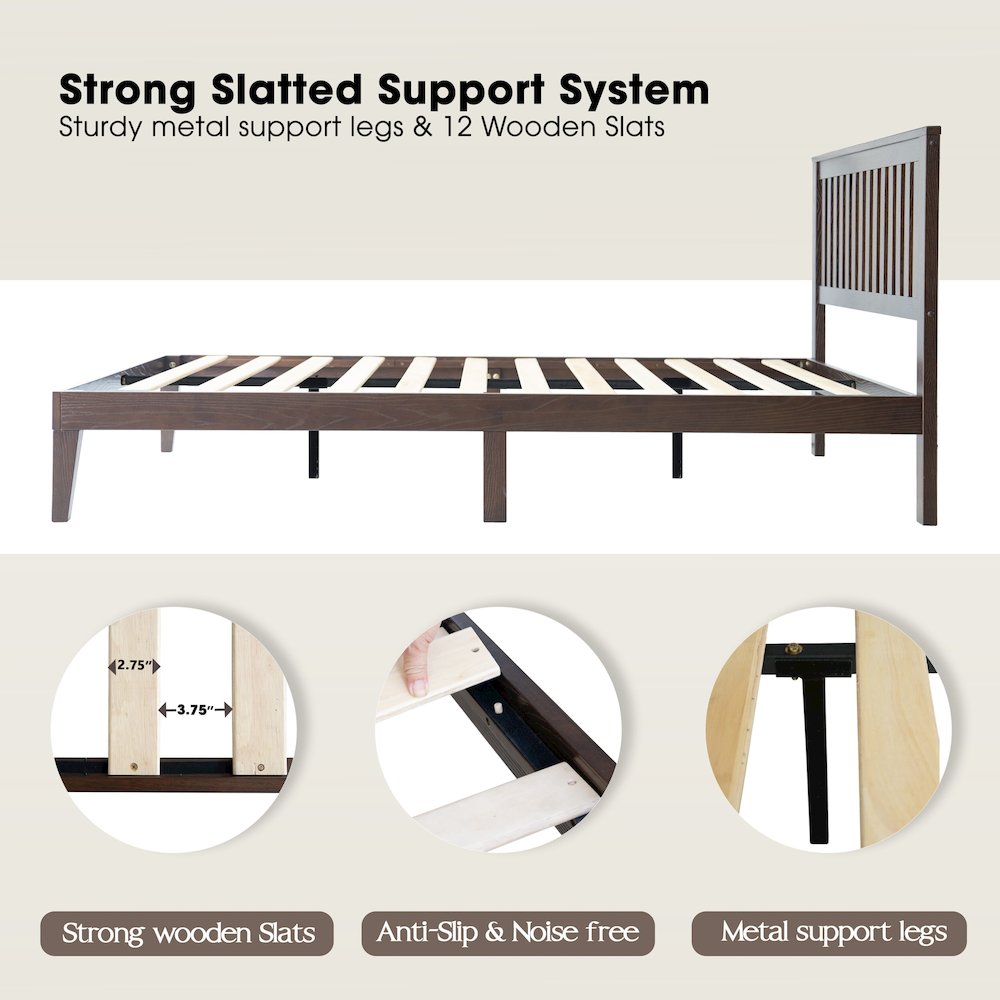 Queen Wooden Platform Bed Frame, Dark Roast Oak Finish, Morden Style. Picture 3