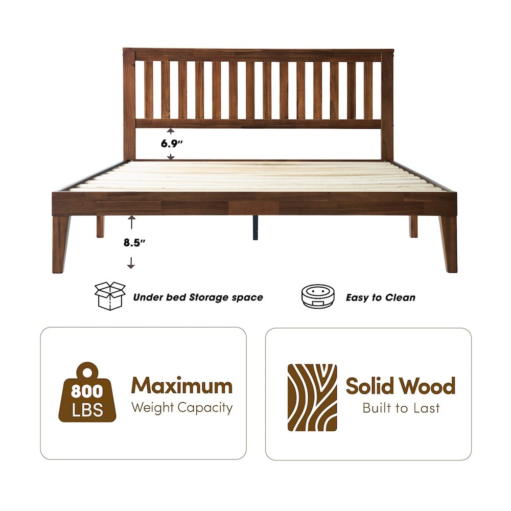 Queen Wooden Platform Bed Frame, Walnut Finish, Morden Style. Picture 1