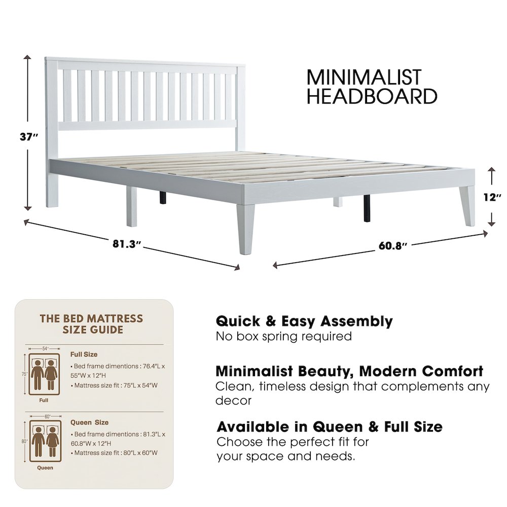 Queen Wooden Platform Bed Frame, Pure White Finish, Morden Style. Picture 2
