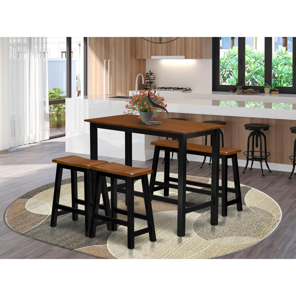 East West Furniture 4 Piece Kitchen Dining Table Set Contains a Dining Room Table, 2 Stools with a Dining Table Bench - Black & Cherry Finish. Picture 2