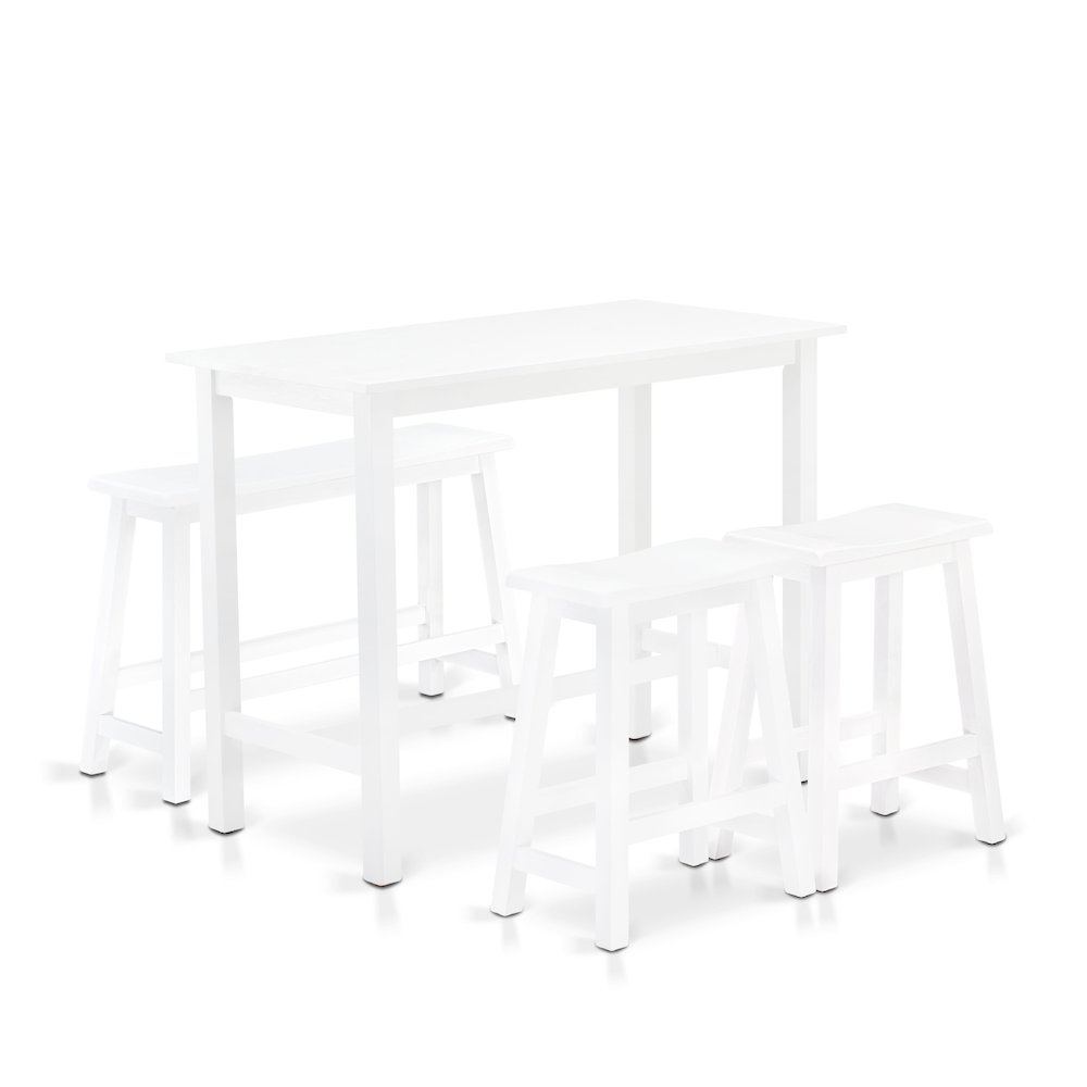 East West Furniture 4 Piece Mid Century Dining Set Contains a Dining Table, 2 Kitchen Stools with a Kitchen Bench - Wire Brushed Bright White Finish. Picture 1