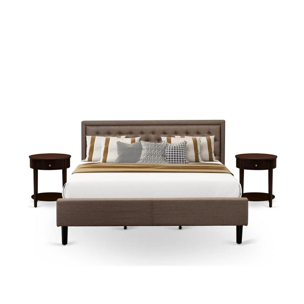 KD18K-2HI0M 3 Pc Bedroom Set - Bed Frame Brown Headboard with 2 Night Stands For Bedrooms - Black Finish Legs. Picture 1