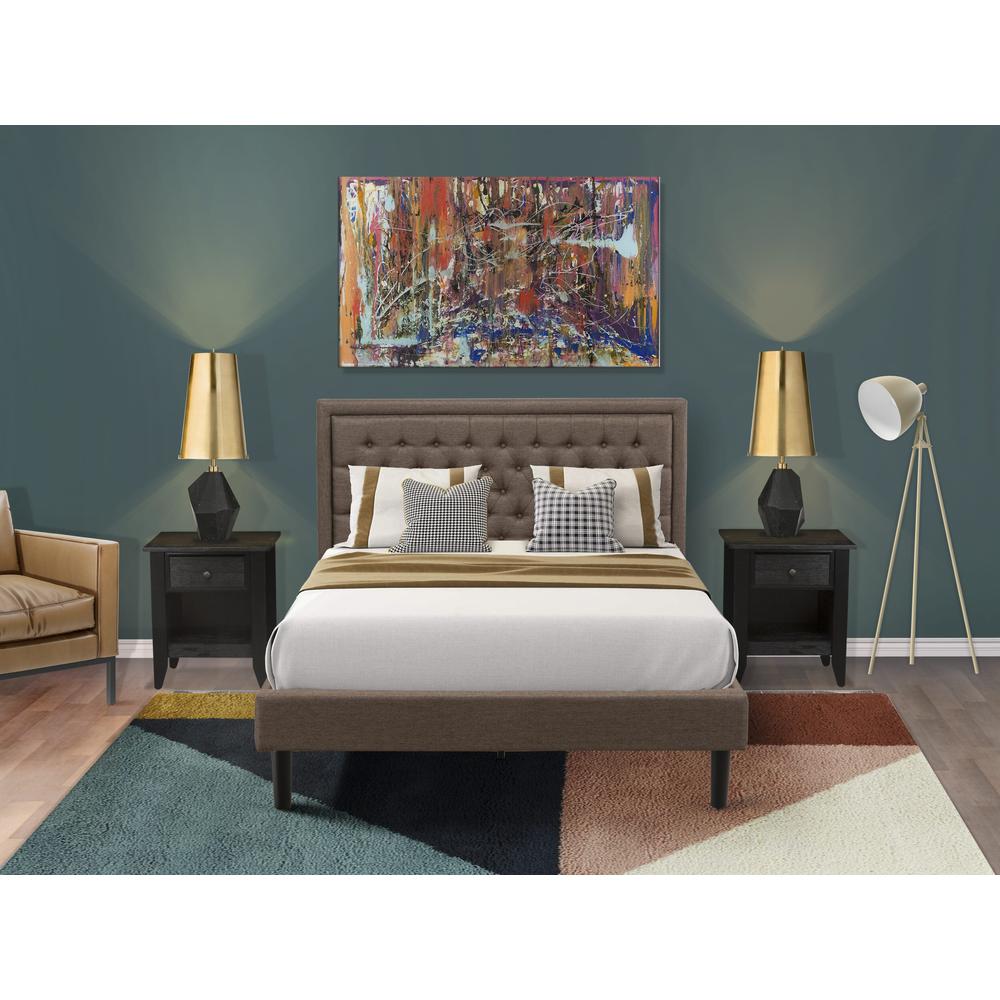 KD18Q-2GA06 3 Pc Queen Bed Set - Queen Size Bed Frame Brown Headboard with 2 Night Stands - Black Finish Legs. Picture 2