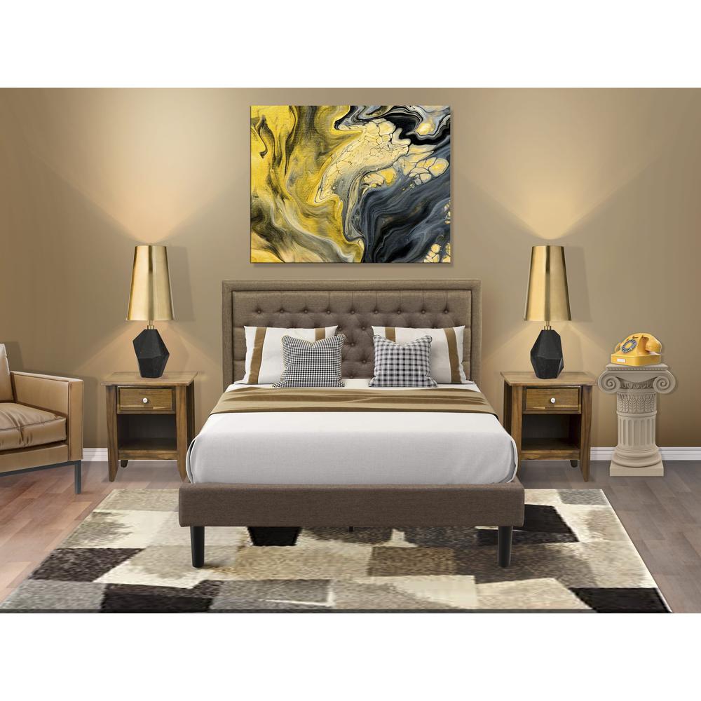 KD18Q-2GA08 3 Pc Queen Bed Set - Queen Bed Frame Brown Headboard with 2 Small Night Stand - Black Finish Legs. Picture 2