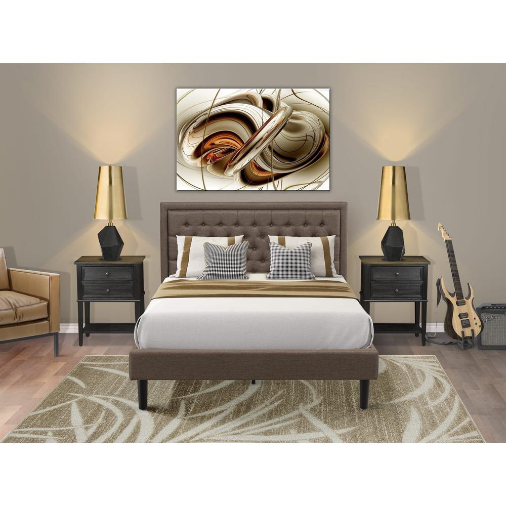 KD18Q-2VL06 3 Piece Bed Set - Platform Bed Frame Brown Headboard with 2 Small Nightstand - Black Finish Legs. Picture 2