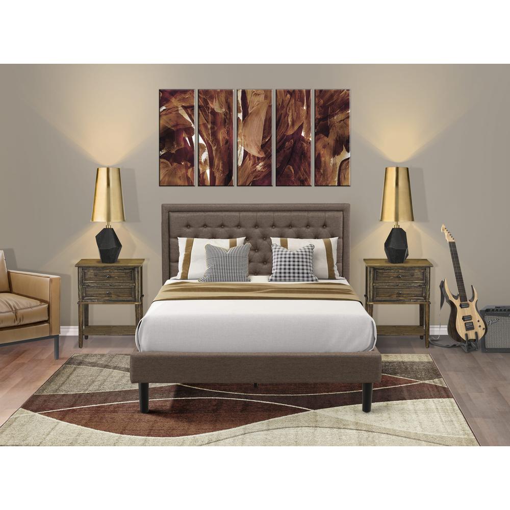 KD18Q-2VL07 3 Piece Queen Size Bed Set - Bed Frame Brown Headboard with 2 Small Nightstand - Black Finish Legs. Picture 2