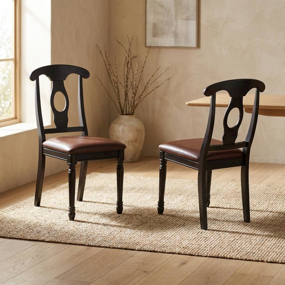 Solid Wood Napoleon-Style Faux Leather Upholstered Dining Chair, Set of 2. Picture 4