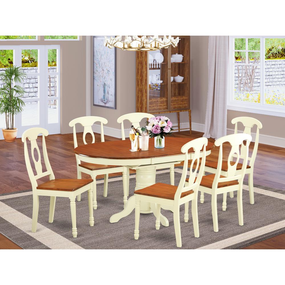 East West Furniture KENL7-WHI-W 7 Piece Modern Dining Table Set Consist of an Oval Wooden Table with Butterfly Leaf and 6 Kitchen Dining Chairs, 42x60 Inch, Buttermilk & Cherry. Picture 4