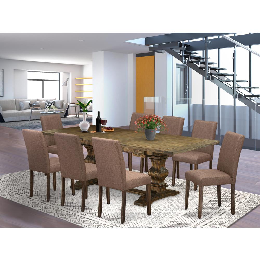 East West Furniture 7-Piece Mid Century Modern Dining Table Set-A Kitchen Table and 6Linen FabricDining Room Chairs with High Back - Distressed Jacobean Finish. Picture 2