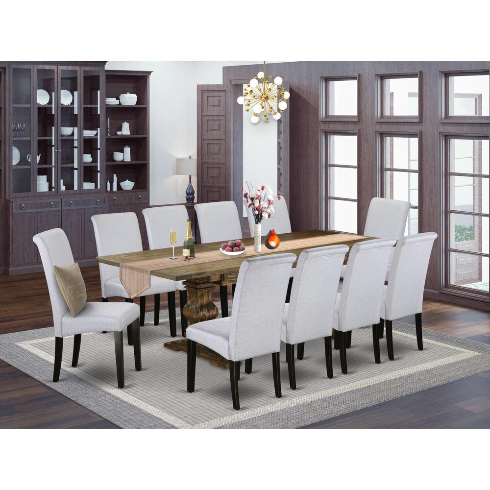 East West Furniture 11-Piece Dining Room Set Consists of a Rectangular Dining Table and 10 Grey Linen Fabric Padded Chairs with High Back - Distressed Jacobean Finish. Picture 2