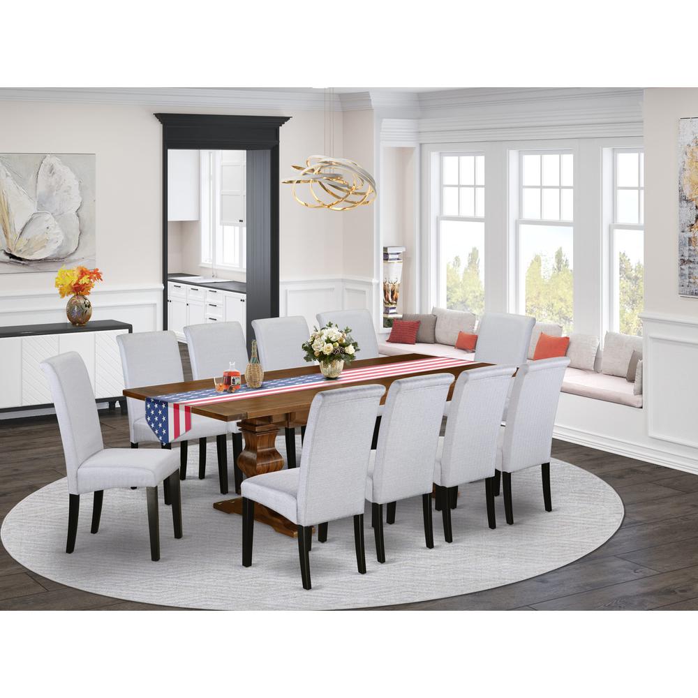 East West Furniture 11-Pieces Dining Table Set - A Butterfly Leaf Double Pedestal Modern Dining Table and 10 Grey Linen Fabric Dining Chairs with High Back - Antique Walnut Finish. Picture 2