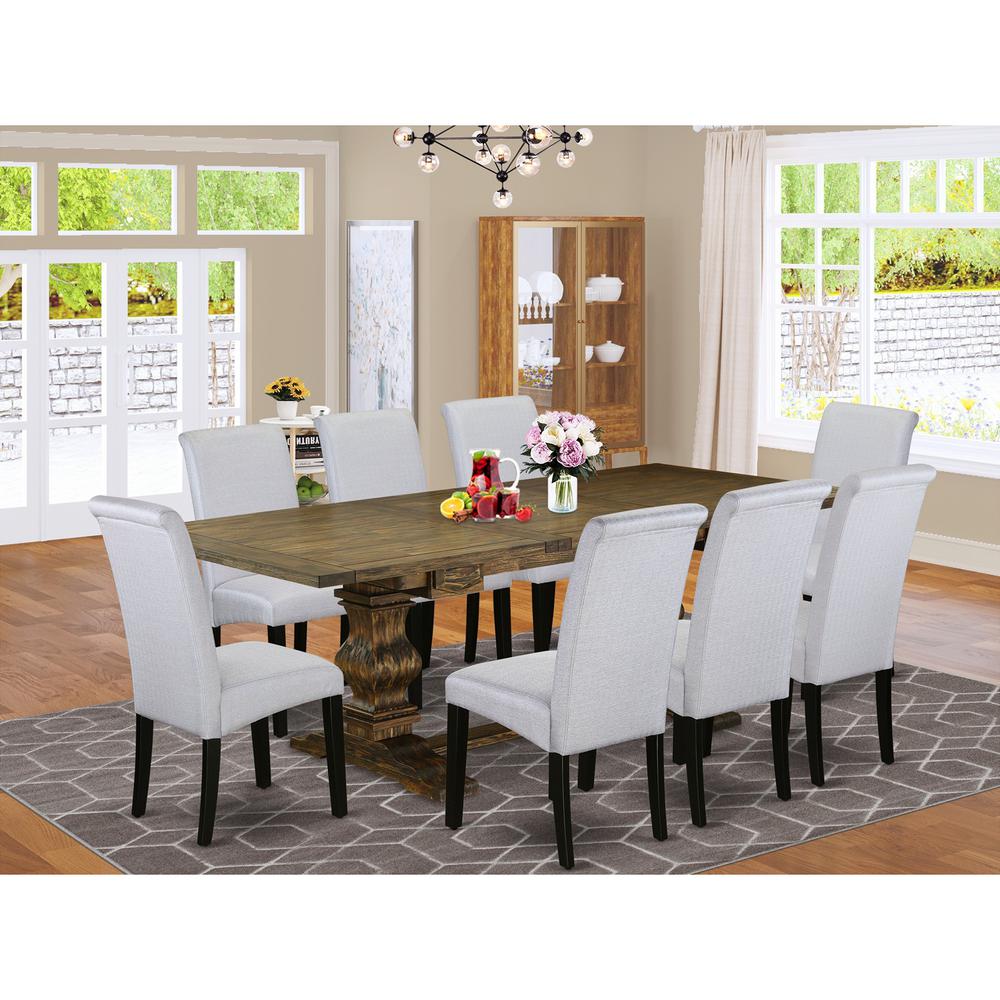 East West Furniture Lassale 9 Piece Set Includes a Rectangle Dining Room Table with Removable Leaf and 8 Grey Linen Fabric Upholstered Chairs, 42x92 Inch. Picture 2