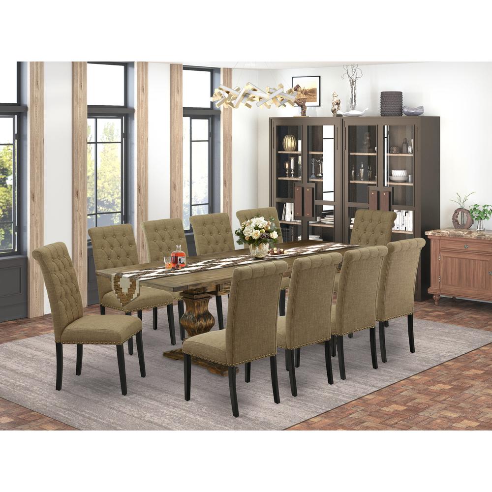 East West Furniture 11-Piece Table Set Contains a Wooden Table and 10 Light Sable Linen Fabric Mid Century Dining Chairs with Button Tufted Back - Distressed Jacobean Finish. Picture 2