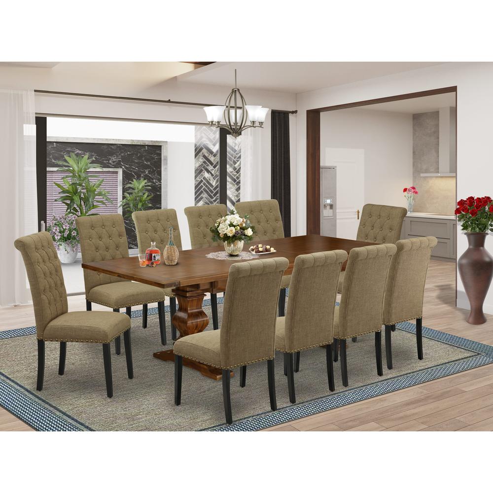 East West Furniture 11-Pieces Table Set - A Butterfly Leaf Double Pedestal Wooden Table and 10 Light Sable Linen Fabric Dining Chair with Button Tufted Back - Antique Walnut Finish. Picture 2