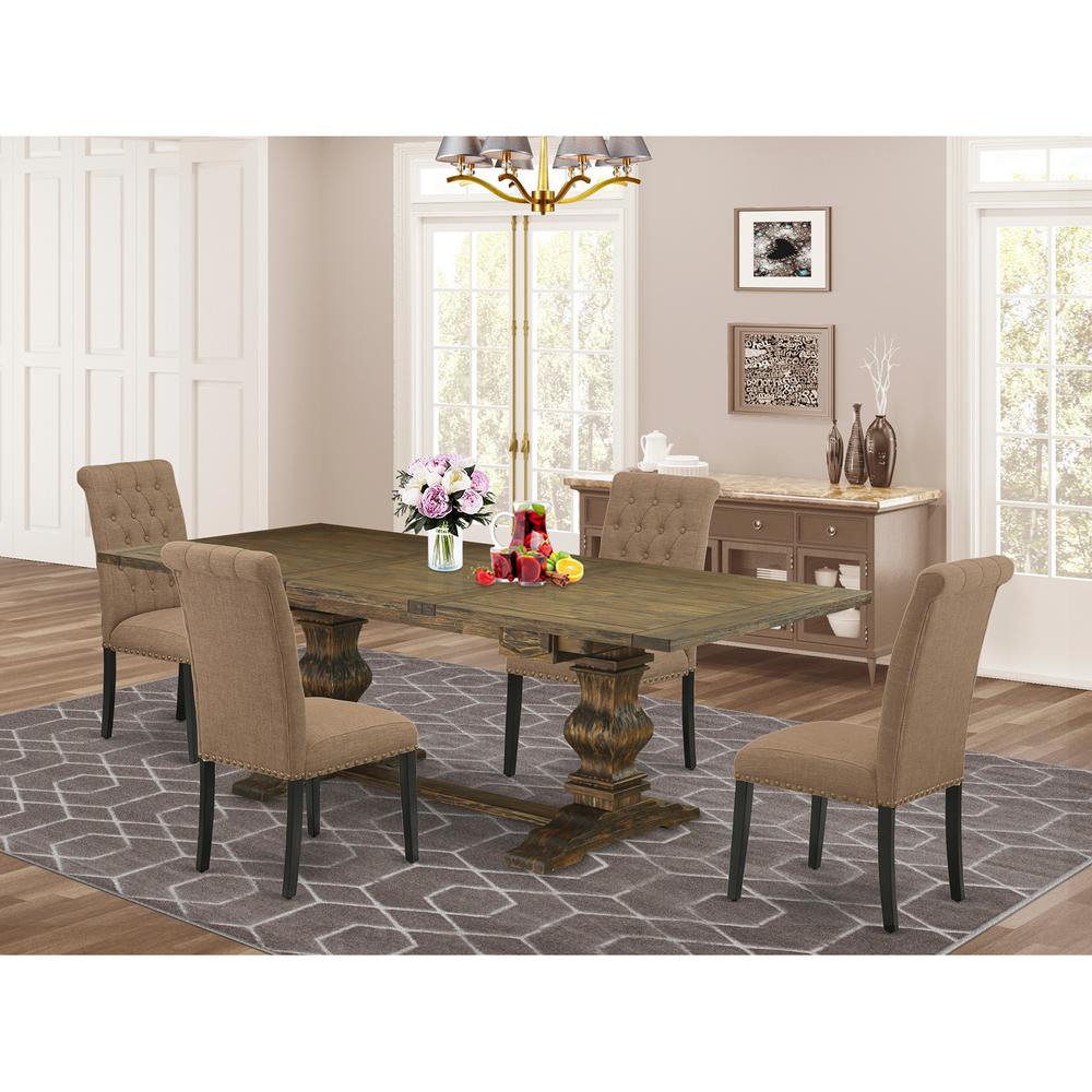 East West Furniture LABR5-71-17 5 Piece Dining Table Set Includes a Rectangle Wooden Table with Removable Leaf and 4 Light Sable Linen Fabric Upholstered Chairs, 42x92 Inch, Jacobean. Picture 2