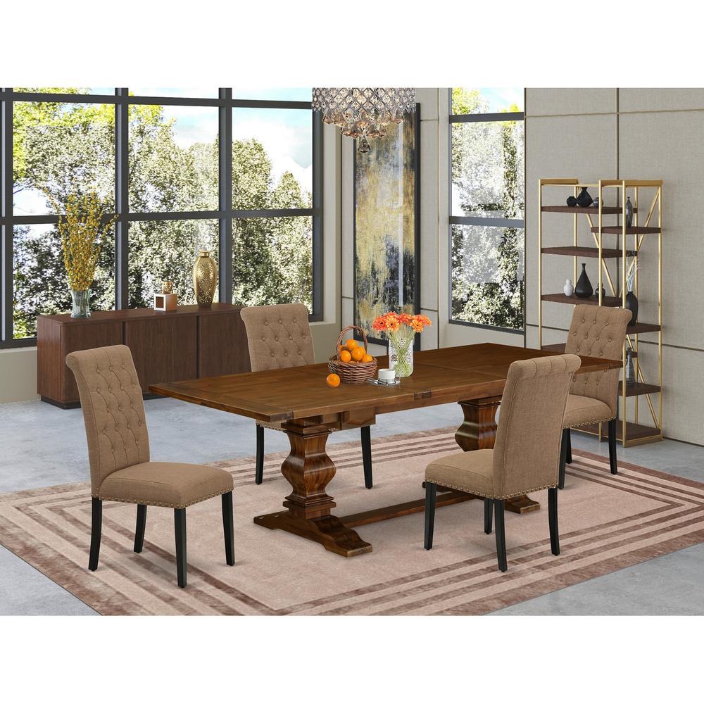 East West Furniture LABR5-81-17 5 Piece Kitchen Table & Chairs Set Includes a Rectangle Removable Leaf Dining Table and 4 Light Sable Linen Fabric Parson Chairs, 42x92 Inch, Walnut. Picture 2