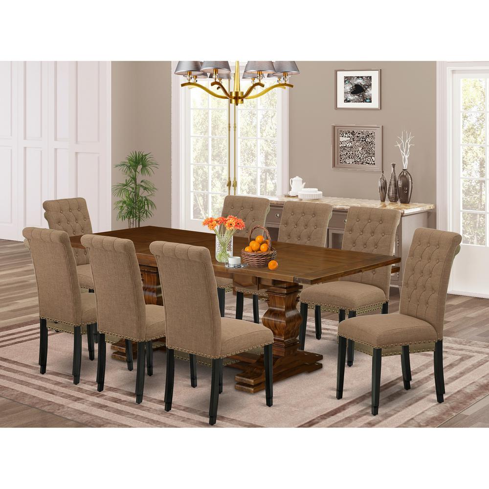 East West Furniture Lassale 9 Piece Set Includes a Rectangle Dining Room Table with Butterfly Leaf and 8 Light Sable Linen Fabric Upholstered Chairs, 42x92 Inch. Picture 2