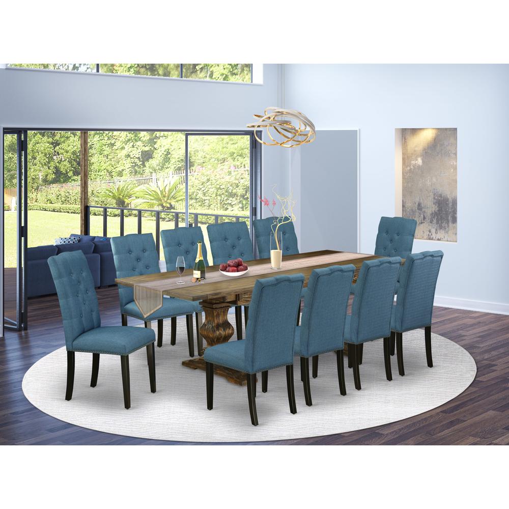 East West Furniture 11-Piece Mid Century Modern Dining Set Contains a Dining Table and 10 Mineral Blue Linen Fabric Dining Chairs with Button Tufted Back - Distressed Jacobean Finish. Picture 2