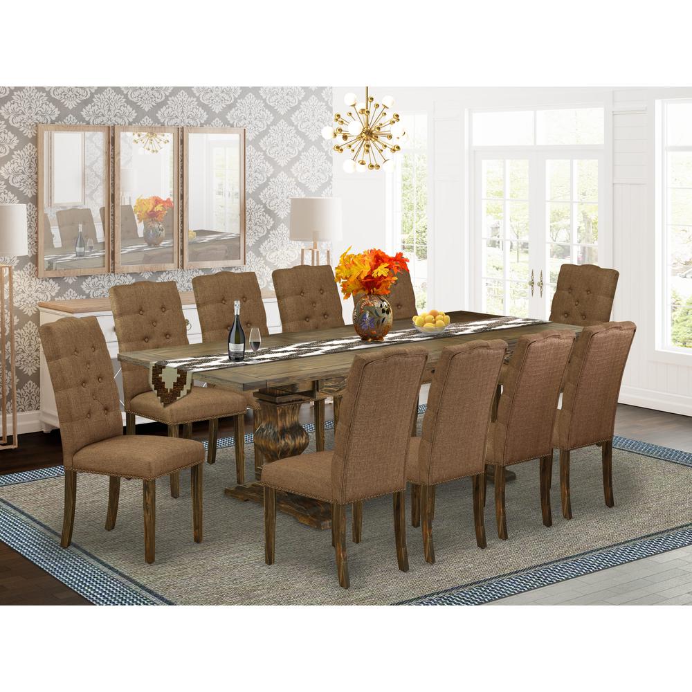 East West Furniture 11-Piece Dining Table Set Includes a Dining Room Table and 10 Brown Linen Fabric Upholstered Chairs with Button Tufted Back - Distressed Jacobean Finish. Picture 2