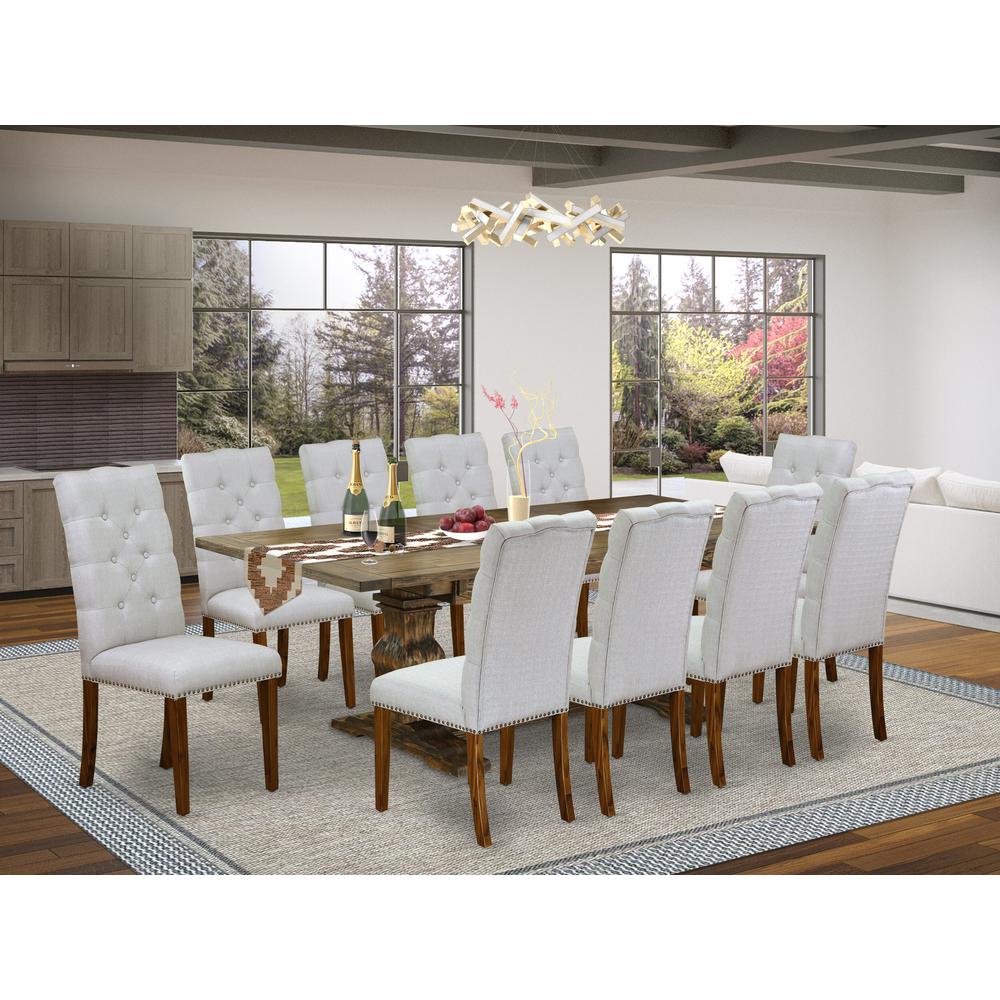 East West Furniture 11-Piece Dining Table Set Includes a Rectangular Dining Table and 10 Grey Linen Fabric Parson Chairs with Button Tufted Back - Distressed Jacobean Finish. Picture 2
