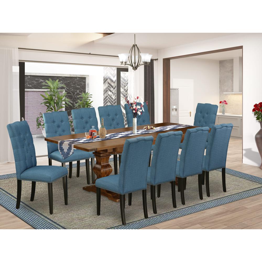 East West Furniture 11-Pieces Kitchen Table Set - A Butterfly Leaf Double Pedestal Dinner Table and 10 Blue Linen Fabric Dining Chairs with Button Tufted Back - Antique Walnut Finish. Picture 2