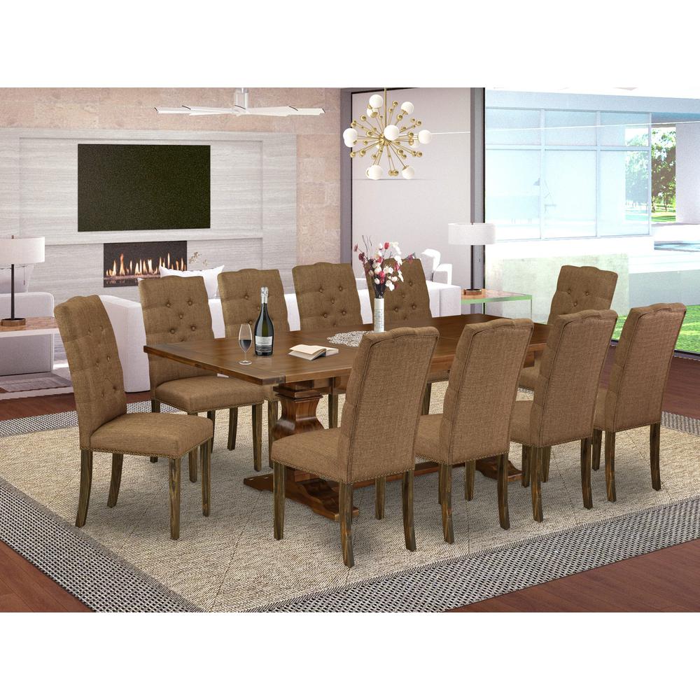 East West Furniture 11-Pc Dining Set - A Butterfly Leaf Double Pedestal Wooden Dining Table and 10 Brown Linen Fabric Dining Chairs with Button Tufted Back - Antique Walnut Finish. Picture 2