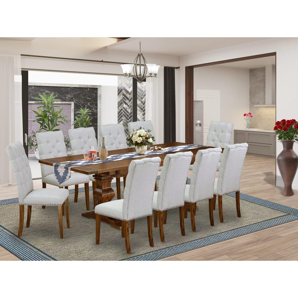 East West Furniture 11-Pieces Table Set - A Butterfly Leaf Double Pedestal Dining Table And 10 Grey Linen Fabric Dining Chairs With Button Tufted Back - Antique Walnut Finish. Picture 2