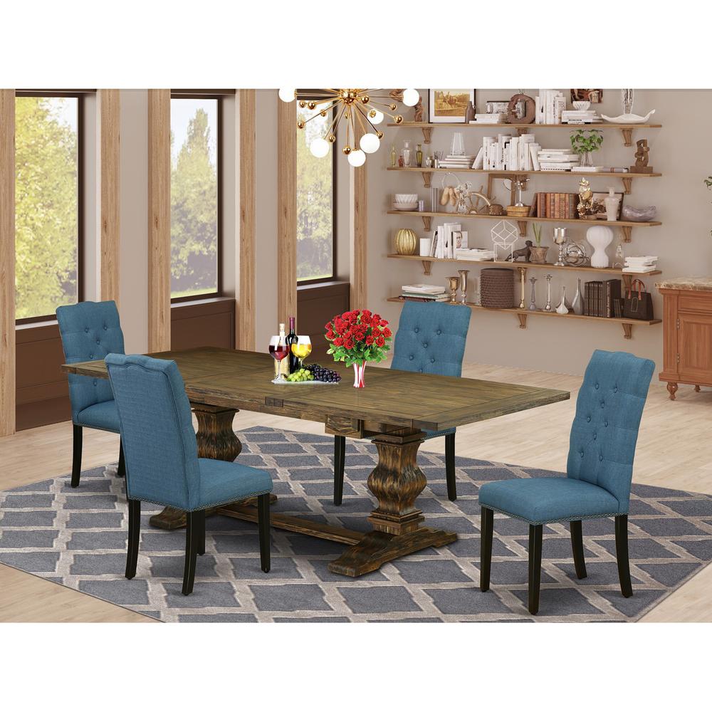 5 Piece Dining Room Table Set Includes a Rectangle Kitchen Table with Removable Leaf and 4 Blue Linen Fabric Parsons Dining Chairs, 42x92 Inch, Jacobean. Picture 2