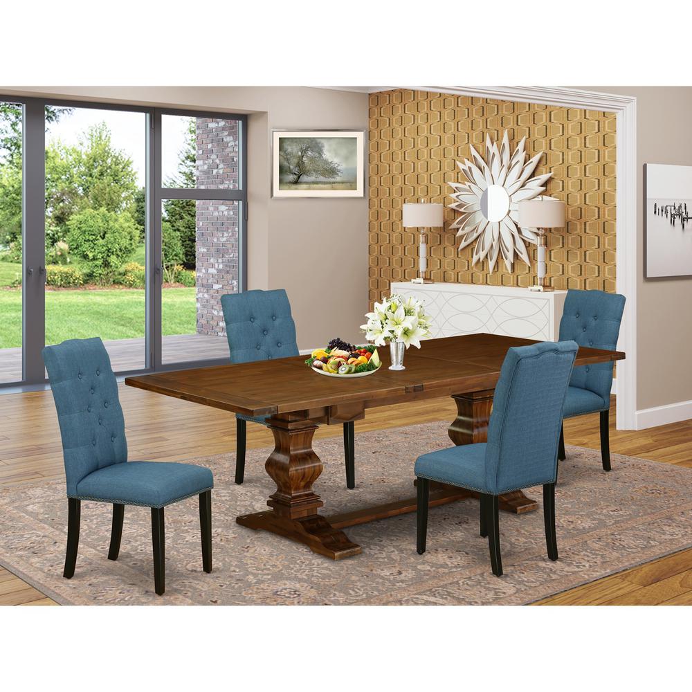 5 Piece Kitchen Table Set for 4 Includes a Rectangle Removable Leaf Dining Table and 4 Blue Linen Fabric Upholstered Chairs, 42x92 Inch, Walnut. Picture 2