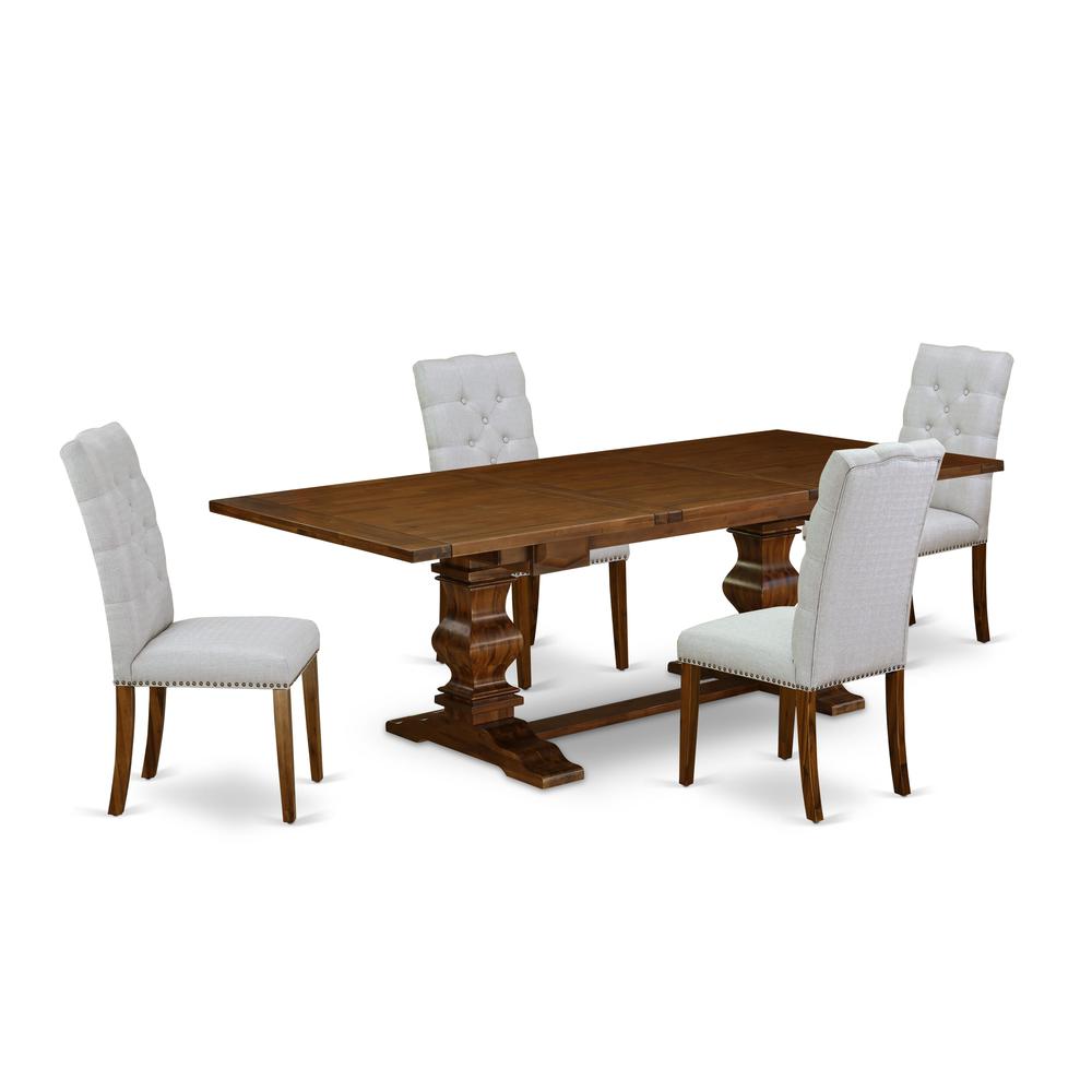 East West Furniture LAEL5-88-05 5 Piece Dining Table Set for 4 Includes a Rectangle Kitchen Table with Removable Leaf and 4 Grey Linen Fabric Parson Dining Chairs, 42x92 Inch, Walnut. Picture 1