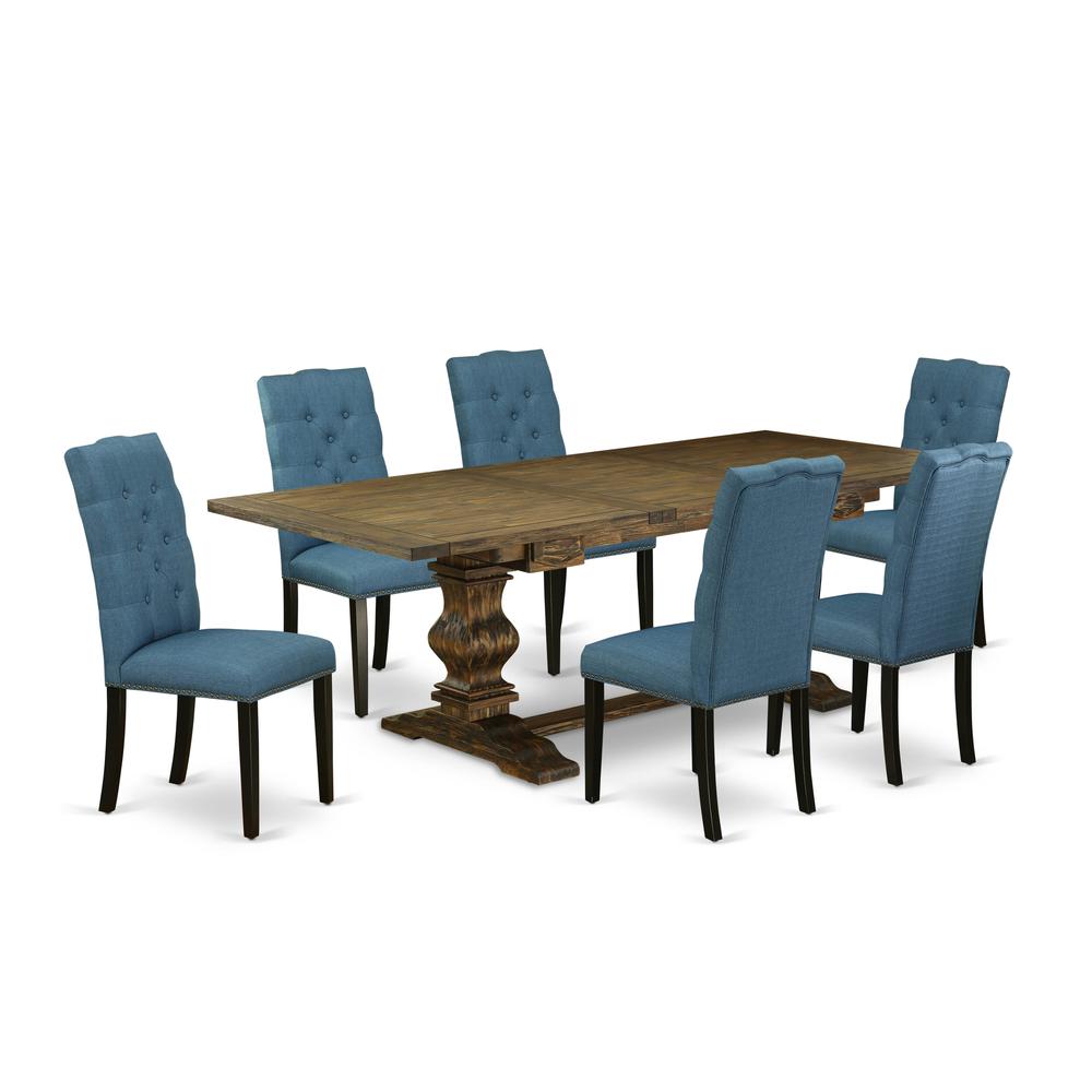 7-piece kitchen table set with Chair’s Legs and Mineral Blue Linen Fabric. Picture 1