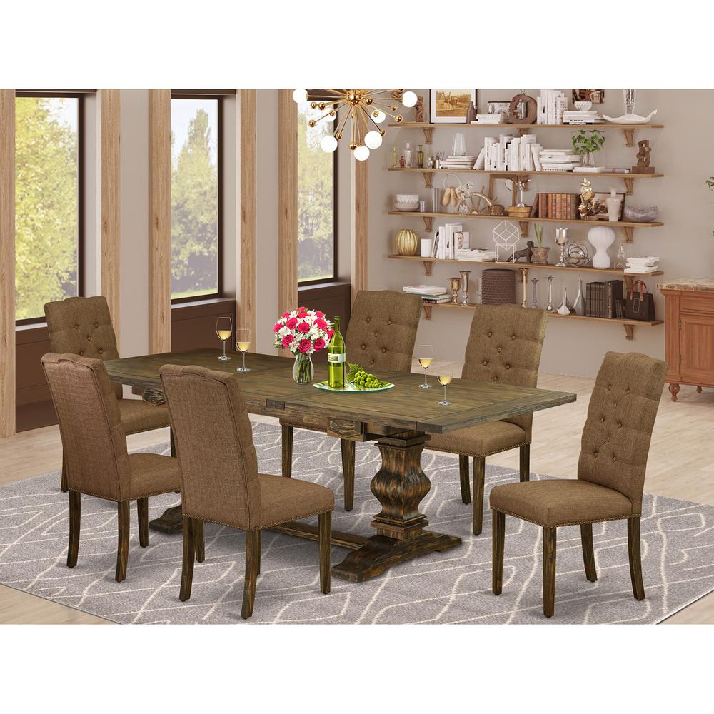 East West Furniture LAEL7-77-18 7 Piece Dining Set Consist of a Rectangle Dining Room Table with Removable Leaf and 6 Brown Linen Linen Fabric Upholstered Chairs, 42x92 Inch, Jacobean. Picture 2