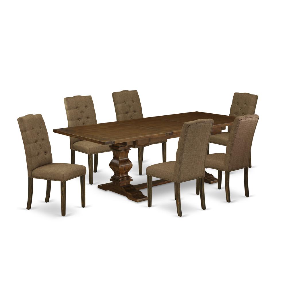7- pieces dining table set with Chair’s Legs and Brown Beige Linen Fabric. Picture 1