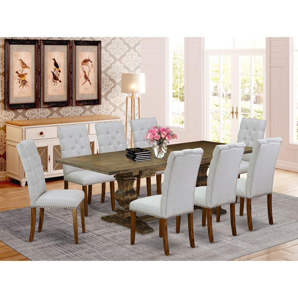 9 Piece Dining Set Includes a Rectangle Dining Room Table with Removable Leaf and 8 Grey Linen Fabric Upholstered Chairs, 42x92 Inch, Jacobean. Picture 2