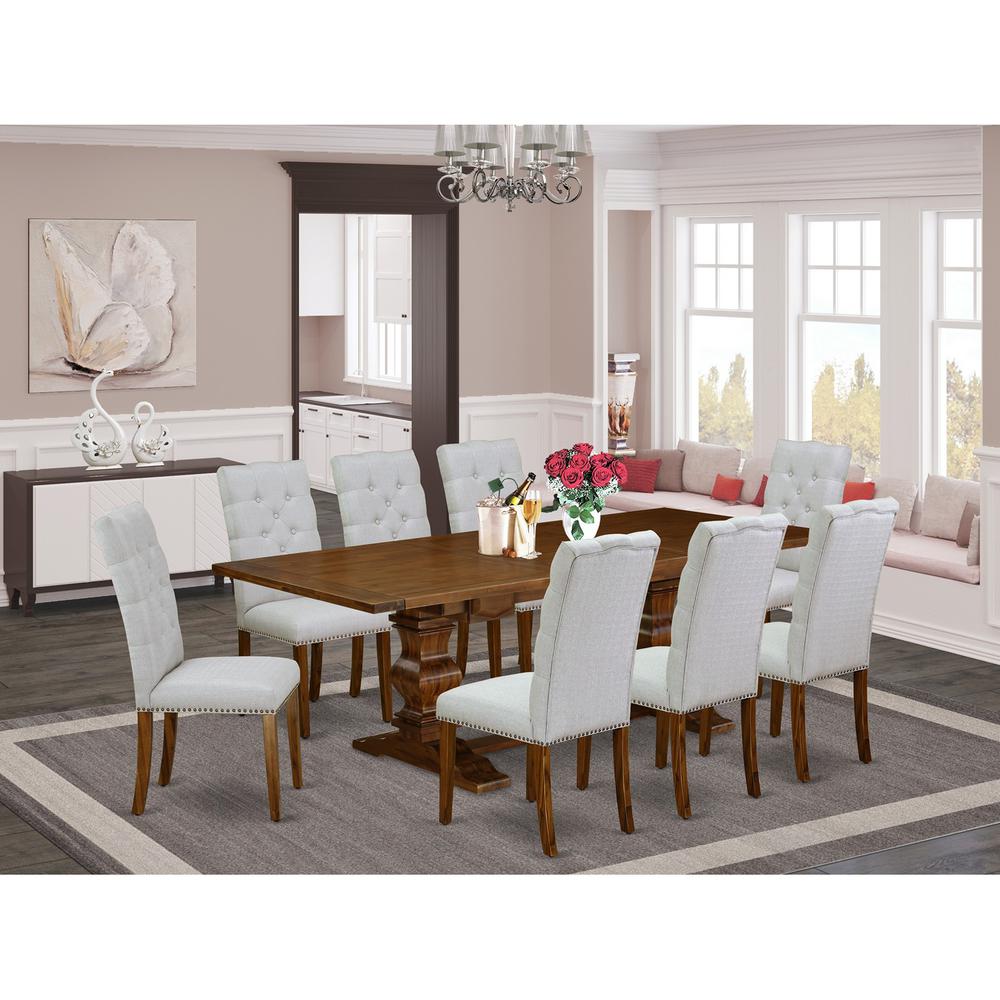 9 Piece Dining Set Includes a Rectangle Dining Room Table with Removable Leaf and 8 Grey Linen Fabric Upholstered Chairs, 42x92 Inch, Walnut. Picture 2