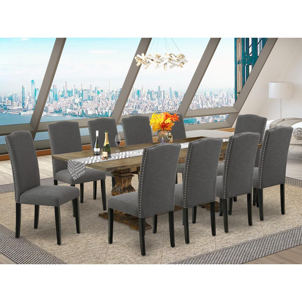 East West Furniture 11-Pc Mid Century Dining Set Includes a Wooden Table and 10 Dark Gotham Grey Linen Fabric Upholstered Chairs with High Back - Distressed Jacobean Finish. Picture 2
