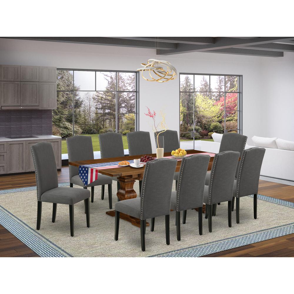 East West Furniture 11-Pieces Modern Dining Set - A Butterfly Leaf Double Pedestal Table and 10 Dark Gotham Grey Linen Fabric Dining Chairs with High Back - Antique Walnut Finish. Picture 2