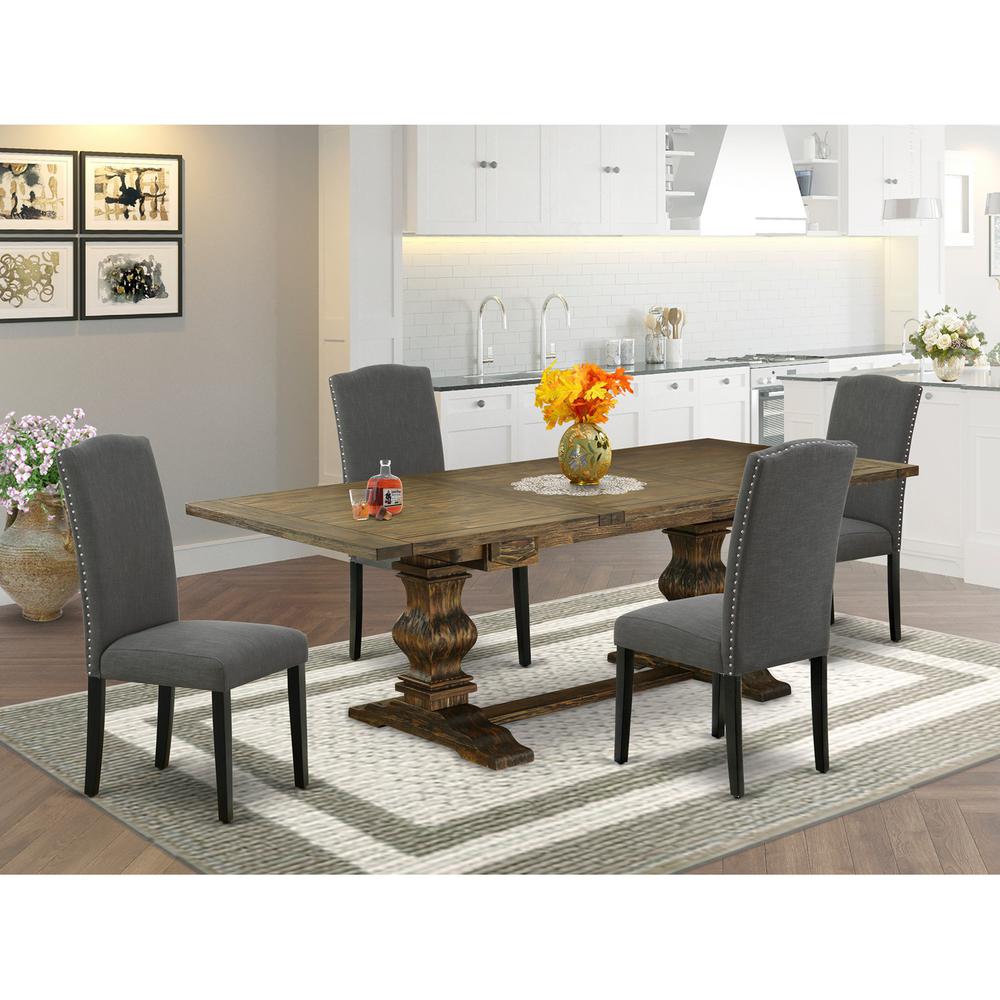 5 Piece Dining Set Includes a Rectangle Dining Room Table with Removable Leaf and 4 Dark Gotham Linen Fabric Upholstered Chairs, 42x92 Inch, Jacobean. Picture 2