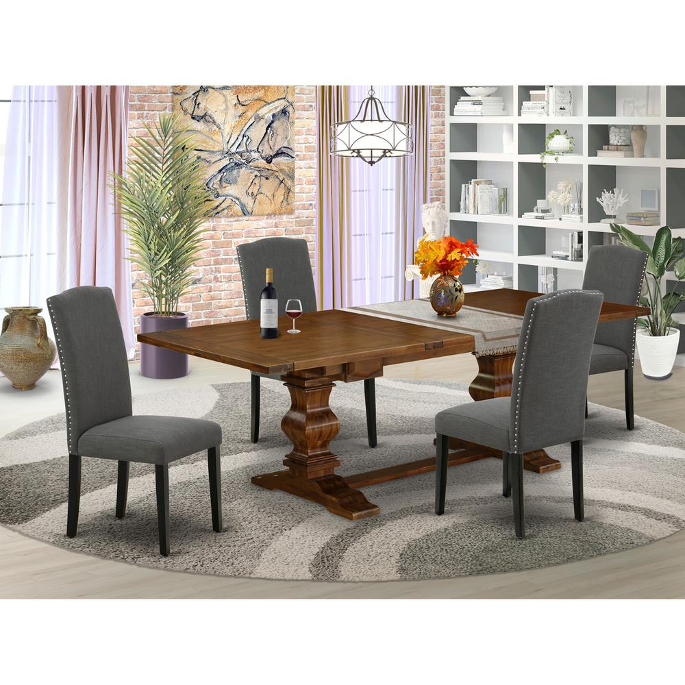 5 Piece Dining Table Set Includes a Rectangle Wooden Table with Removable Leaf and 4 Dark Gotham Linen Fabric Upholstered Chairs, 42x92 Inch, Walnut. Picture 2